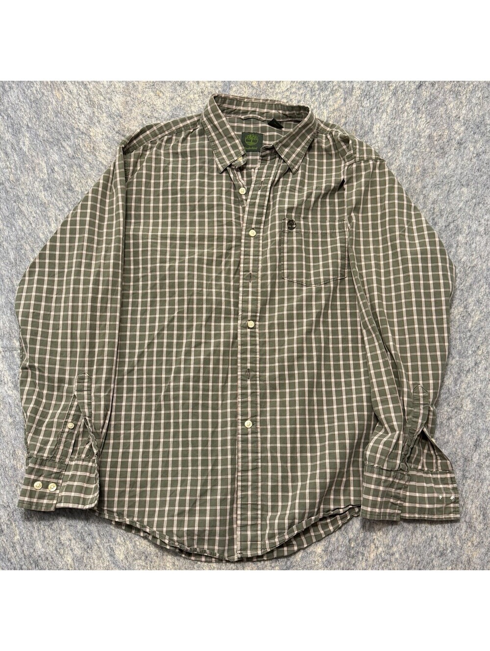 Timberland Mens Large Plaid Button Up Shirt Green Long Sleeve Cotton Outdoor